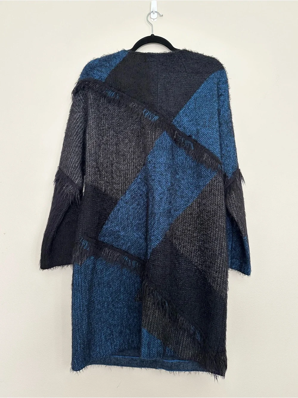 St. John Wool Blend Knit Cardigan Jacket Blue Black Size M Fringe Geometric